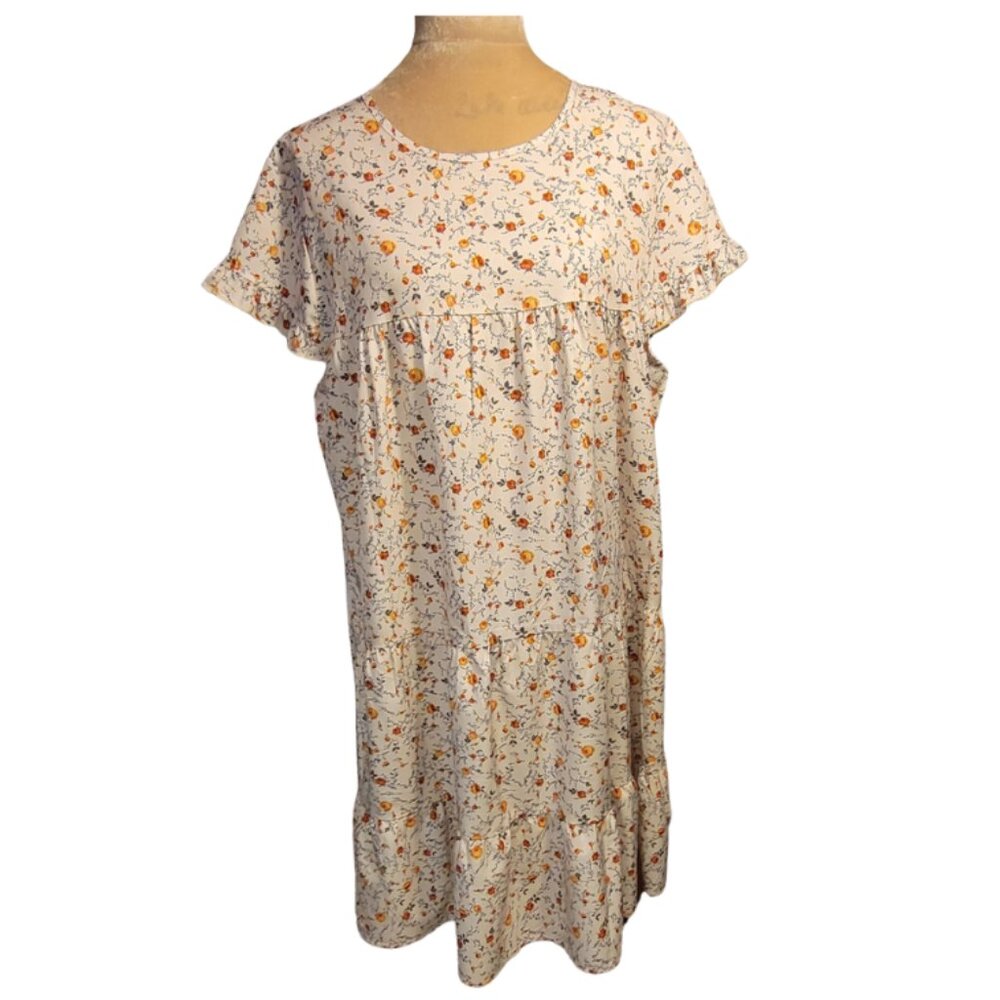 Flirty Boho Pleated Ruffled Sleeve Cream Floral Babydoll Mini Dress Size 2XL